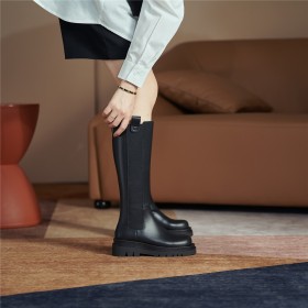 Casual Confortables Plate Femme Bottes Mi Mollet Classique Cuir 2022 Noir Habillé Fourrées