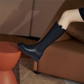 Casual Confortables Plate Femme Bottes Mi Mollet Classique Cuir 2022 Noir Habillé Fourrées