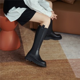 Casual Confortables Plate Femme Bottes Mi Mollet Classique Cuir 2022 Noir Habillé Fourrées