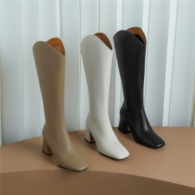 Closed Toe 2022 Chunky Heel Patent Leather Block Heels Knee High Boots For Women Leather Tall Boot Vintage Fall Riding Boots Fur Lined Mid High Heeled