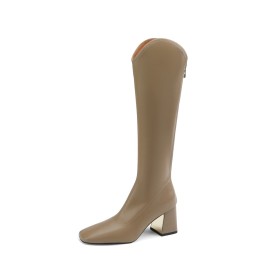 Casual Beige Classic Block Heels Mid Heels Leather Business Casual Knee High Boot Chunky Heel Vintage Riding