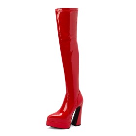 Patent Tall Boot Fur Lined Block Heels Sexy Faux Leather Over Knee Boots 6 inch High Heel Thick Heel
