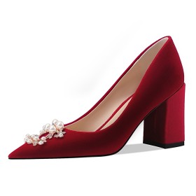 Beautiful 7 cm Heeled Pearl Comfort Slip On Buckle Thick Heel Block Heel Pumps Pointed Toe Wedding Shoes For Bridal Velvet