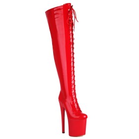 Red Tall Boots Stiletto Metallic Super High Heels Thigh High Boots Sparkly Faux Leather Fashion