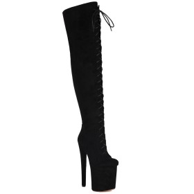 Bout Rond Talon 20 cm Bottes Haute Femme Lacets Pole Dance Overknee Boots Simili Cuir D hiver Talons Aiguilles Plateforme Classique