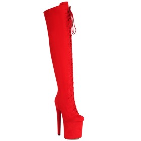 Classic Stiletto Red Suede Over The Knee Boots For Women Tall Boots 8 inch High Heeled Pole Dancing Shoes Lace Up Platform Faux Leather
