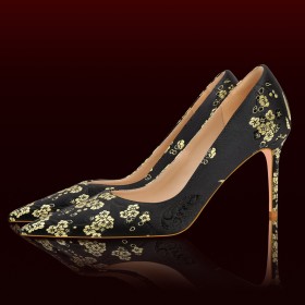 Satin Elegant Flowers Pumps Wedding Shoes For Women Black 3 inch High Heel Dressy Shoes Pointed Toe