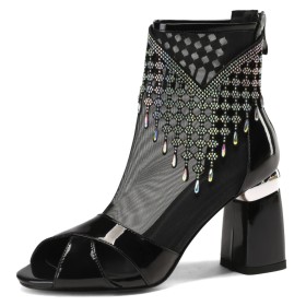 Talon Carré Strass A Talon Bottines D Été Frange Talon Epais Cuir