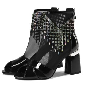 Enkellaarsjes Peeptoes Blokhakken Mode Visnet Strass Leren 8 cm Highheel Sparkle Formele