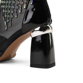 3 inch High Heel Business Casual Ankle Boots Chunky Rhinestones Block Heel Tulle Fringe Open Toe Sandal Boots Sparkly Leather