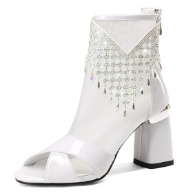 8 cm High Heel Spring Fringe Block Heel Sparkly Business Casual Ankle Boots For Women Sandal Boots Rhinestones White