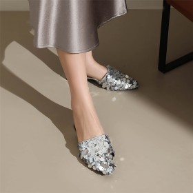 Modern Going Out Shoes Sparkly Block Heel Low Heel Mules Chunky Glitter Womens Sandals Comfort Slipper