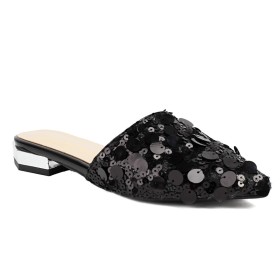 Comfortabele Mode Met 3 cm Lage Hakken Glitter Sparkle Muiltje Zwarte Blokhakken Sandalen