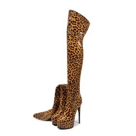 Leopard Femme Bout Fermé Talon 16 cm Marron Fourrees Fermeture Éclair Bottes Hautes Femme Bottes Au Dessus Du Genou Vernis Talon Aiguille Habillé