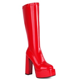 Lak Ronde Neus Hoge Laarzen Dames Blokhak Imitatieleer 15 cm High Heel Plateau Knie Laarzen