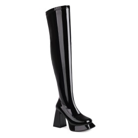 10 cm High Heel Block Heels Thigh High Boot For Women Faux Leather Classic Platform Chunky Tall Boots