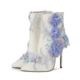 12 cm Tacco Alto Chic Con Perle Stivaletti Donna Punta Chiusa A Punta Pizzo A Fiori Scarpe Da Sera Scarpe Sposa Eleganti Con Tacco A Spillo Avorio