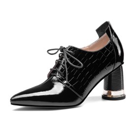 Chaussures Ceremonie Noir Cuir A Talon Mi Haut Derbies Talon Carré Chaussures Femme Elegante
