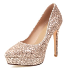 Sparkly Gold Bridal Shoes Sequin Pumps Stylish 11 cm High Heels Stilettos Dressy Shoes