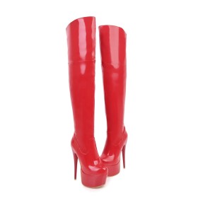 Stiletto Rot Gefütterte Moderne Kniehohe Boots Lack Winter Mit 15 cm Hohe Absatz