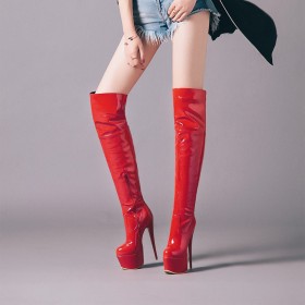 Stiletto Rot Gefütterte Moderne Kniehohe Boots Lack Winter Mit 15 cm Hohe Absatz