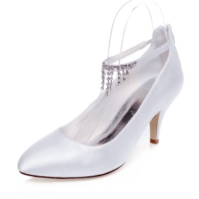 White Pointed Toe Pumps Beautiful Ankle Strap 7 cm Heeled Stilettos Bridal Shoes With Rhinestones Formal Dress Shoes