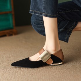 Spring Modern Comfort Elegant With Metal Jewelry Leather Casual Suede Flats Black Ballet Shoes
