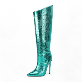 Sparkly Pointed Toe Green Metallic Knee High Boot Tall Boot Stiletto Embossed Faux Leather Snake Printed Dressy Shoes Fashion 12 cm High Heeled