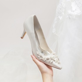 Ivory Stiletto Abendschuhe Satin Mit 8 cm High Heel Pumps Bequeme Mit Strasssteine Schuhe Damen Elegante Brautschuhe