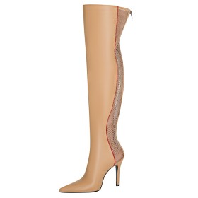 Faux Leather High Heel Beige Fashion Tall Boot Over Knee Boots Stiletto Satin Sandal Boots