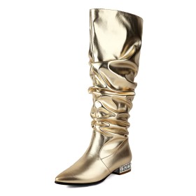 Sparkly Comfort Flat Shoes Modern Metallic With Pearls Knee High Boot For Women Tall Boot