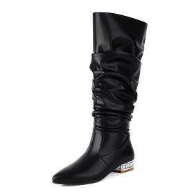 Svart Glittriga Boots Fuskläder Fodrade Mode Metallic Lack Med Pärlor Med Spetsiga Tå Knähöga Stövlar Dam Bekväma Utan Klack