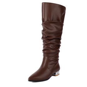 Patent Knee High Boot For Women Pearls Faux Leather Metallic Comfort Slip On Sparkly Brown Tall Boot