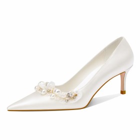 Pumps Pointed Toe Dressy Shoes White Satin 6 cm Mid Heels Elegant Pearls Vintage Party Shoes