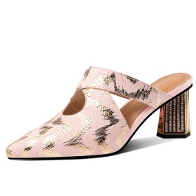 Pink Designer Chunky Heel 7 cm Mid Heel Block Heel Pointed Toe Mules Sandals Quilted