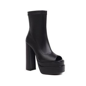 Peep Toes Noir Vernis Bottines Talons Epais Classique Talon Carré Plateforme Talons Hauts