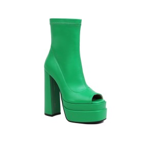 Faux Leather Ankle Boots Block Heel Patent Leather Vintage Green Classic High Heel Open Toe Thick Heel