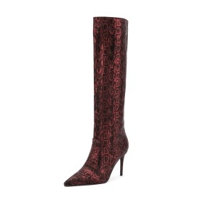 Stilettos 9 cm High Heeled Snake Printed Burgundy Tall Boots Casual Faux Leather Patent Knee High Boot For Women