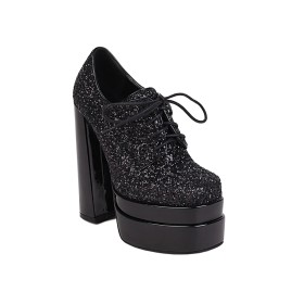 Plateforme Moderne Talons Carrés Brillante Bout Rond Talons Hauts Habillé Chaussure De Soirée Talon Epais Chaussures Pour Femmes Paillette Shooties