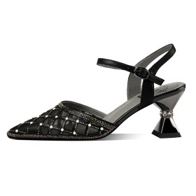 Sandals For Women Beautiful Chunky Dress Shoes 2 inch Low Heel Belt Buckle Ankle Strap Sparkly Rhinestones Faux Leather Tulle