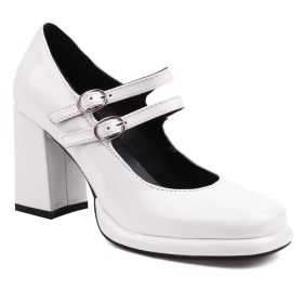 Comfort Ankle Strap Block Heel White Pumps 3 inch High Heel Chunky Heel Mary Janes Belt Buckle