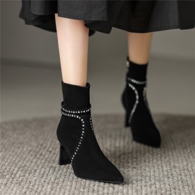 Vintage Fashion Pointed Toe Chunky Heel Black Fur Lined Sock Boots Booties Leather Suede Mid Heels