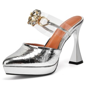 Festliche Schuhe Sandaletten Damen Elegante Leder Blockabsatz Metallic Mit 10 cm Hohe Absatz Mules