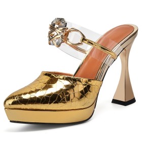 Leather 4 inch High Heeled Gold Fashion Elegant Mules Chunky Heel Closed Toe Sparkly Sandals Metallic Block Heel