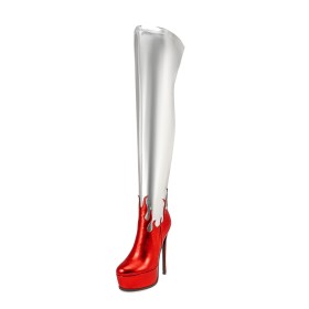 Patent Silver Sparkly Fashion Sock Boots Natural Leather Thigh High Boots Going Out Shoes Stretchy High Heels