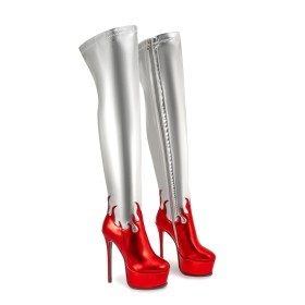 Vrijetijds Mode Sparkle Elastische Naaldhak Plateau Leer Kleurblok Highheel Gevoerde Lak Lange Laarzen Overknee Boots Zilveren