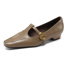Block Heels Slip On Vintage Shoes Business Casual Comfort Mary Jane Ankle Strap Natural Leather Classic Thick Heel 1 inch Low Heels Beautiful
