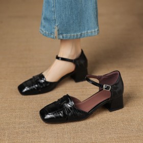 Comfortabele Lak Blokhak Mooie Met Enkelbandje Leer Met 5 cm Lage Hakken Sandalette