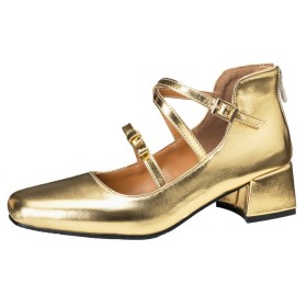 Chunky Business Casual Formal Dress Shoes Patent Leather Comfortable Belt Buckle Stylish Gold Faux Leather Ankle Strap Womens Footwear Block Heels Low Heel