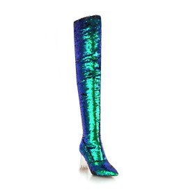 Going Out 8 cm High Heel 2021 Sparkle Blokhak Glitter Gevoerde Lange Laarzen Mode Overknee